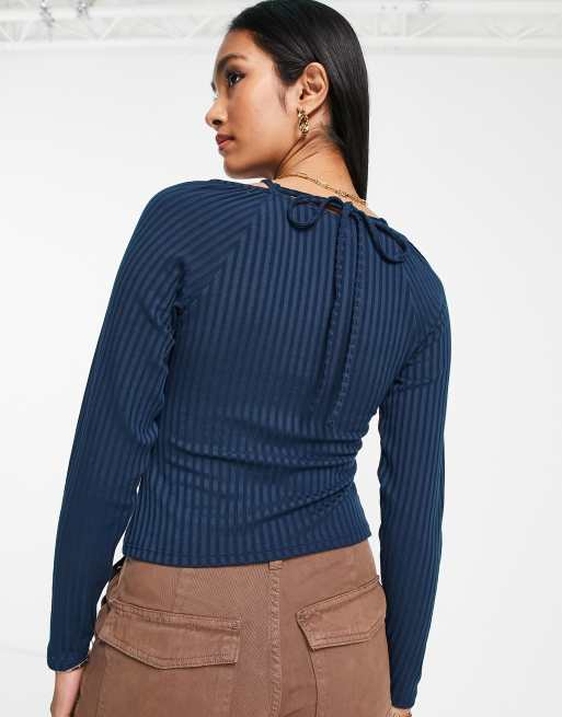 Topshop long sleeve ruched strappy top in blue