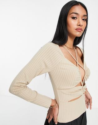 Topshop long sleeve ruched strappy top in stone