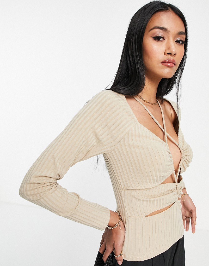 Topshop long sleeve ruched strappy top in stone-Neutral