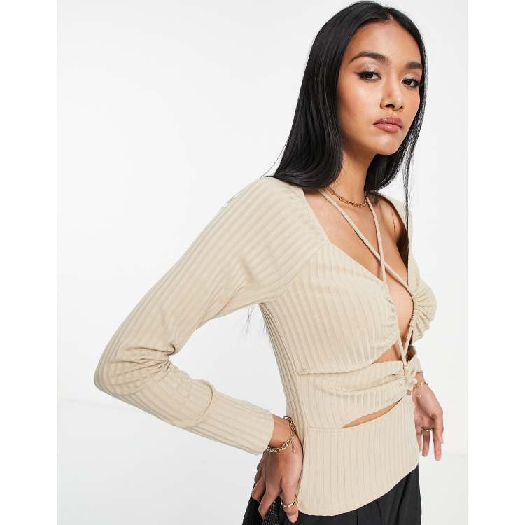 トップス Stone  long sleeve Topshop long sleeve ruched strappy top in stone | ASOS