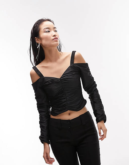 Topshop long sleeve ruched top in black | ASOS