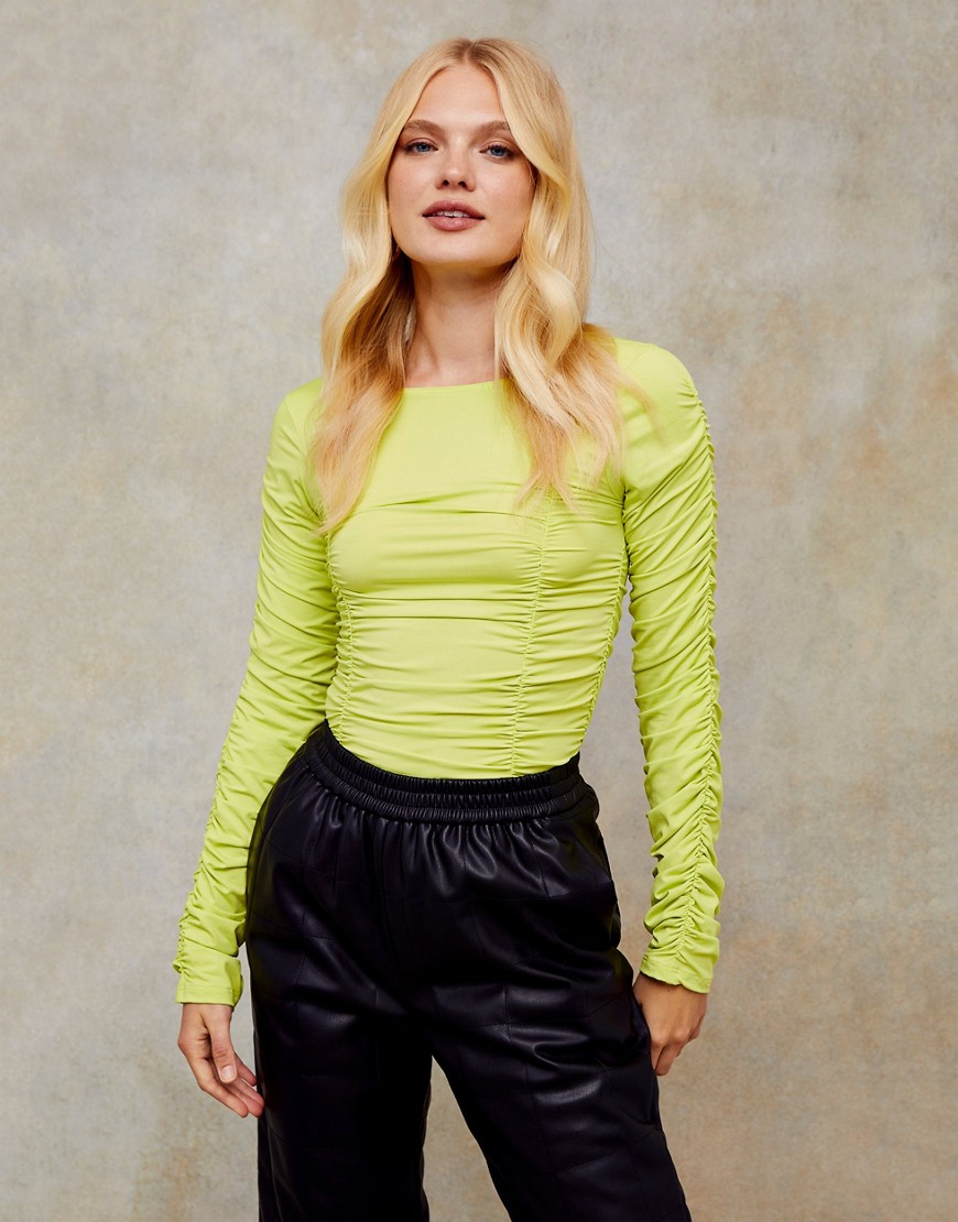 Topshop LONG SLEEVE RUCHED TOP IN YELLOW