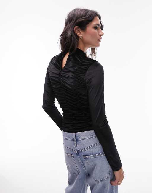 Women's Long Sleeve Ruched Mock Neck Top in Black