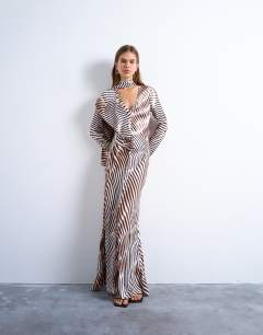 Long sleeve ruffle maxi dress with scarf wrap detail in abstract stripe