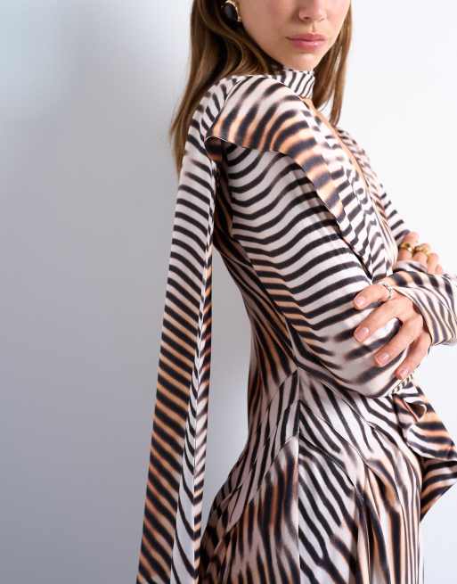 Topshop long sleeve ruffle maxi dress with scarf wrap detail in abstract stripe