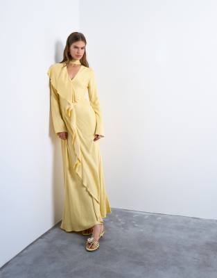 Topshop Topshop long sleeve ruffle maxi dress with scarf wrap detail in buttermilk-Yellow