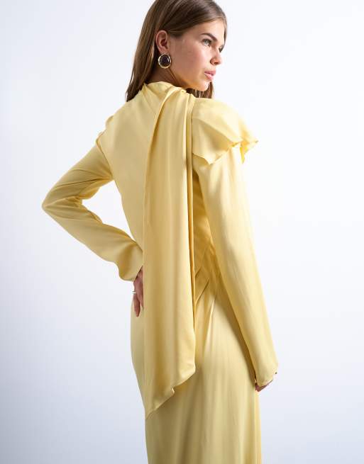 Topshop long sleeve ruffle maxi dress with scarf wrap detail in buttermilk