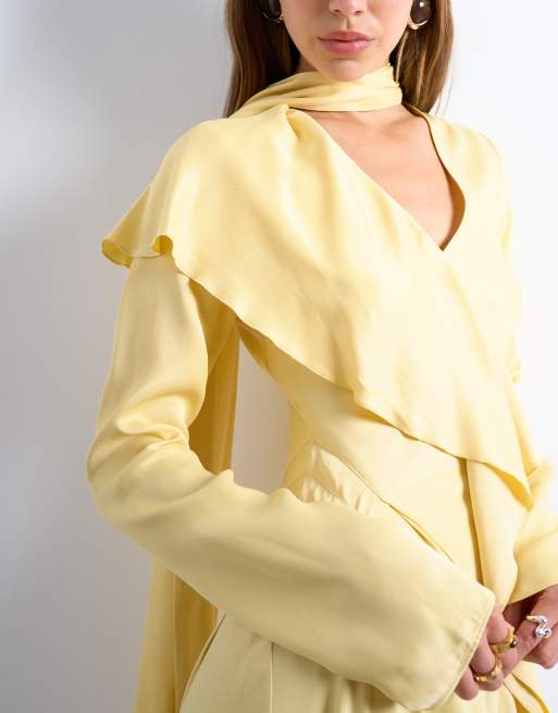 Topshop long sleeve ruffle maxi dress with scarf wrap detail in buttermilk