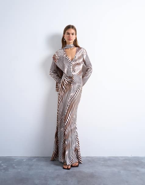 Topshop long sleeve ruffle maxi dress with scraf wrap detail in abstract stripe - view 1