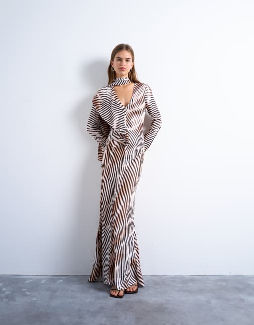 Topshop long sleeve ruffle maxi dress with scraf wrap detail in abstract stripe