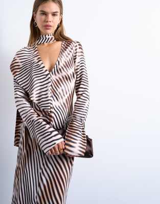 Topshop Long Sleeve Ruffle Maxi Dress With Scraf Wrap Detail In Multi