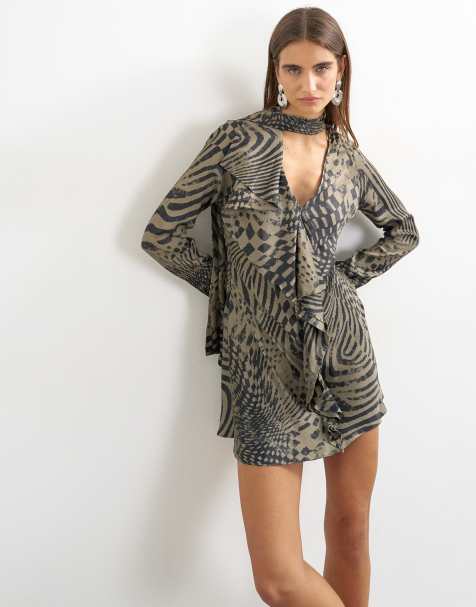Topshop long sleeve ruffle mini dress with scarf wrap detail in abstract woodgrain print - view 1