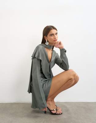 Topshop Long Sleeve Ruffle Mini Dress With Scarf Wrap Detail In Blue