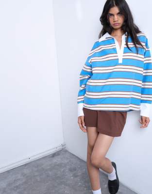 long sleeve rugby polo top in blue stripe-Multi
