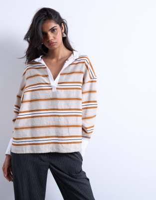 Topshop Long Sleeve Rugby Top In Multi