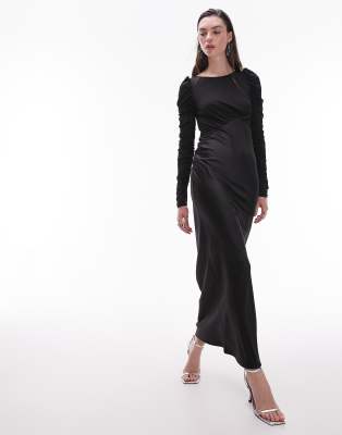 Topshop Long Sleeve Satin And Jersey Maxi Dress In Black