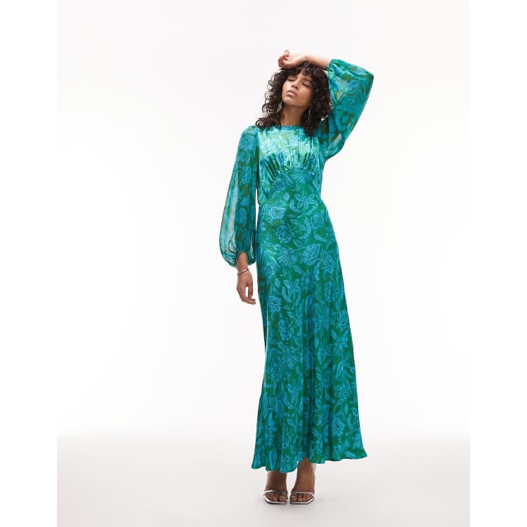 Topshop long sleeve satin maxi dress with bust seam in green floral print |  ASOS