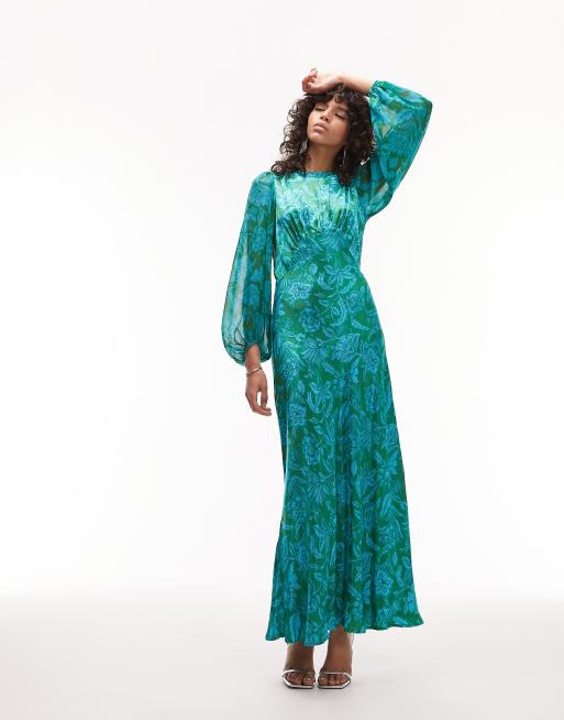 Topshop long sleeve satin maxi dress with bust seam in green floral ...