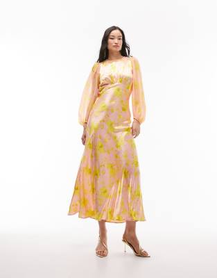 Topshop Long Sleeve Satin Maxi Dress With Bust Seam In Pink Print-multi