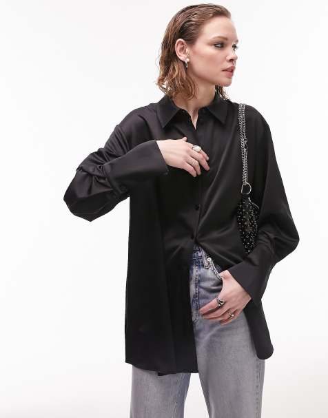 Topshop long sleeve organza sheer shirt with pockets in black