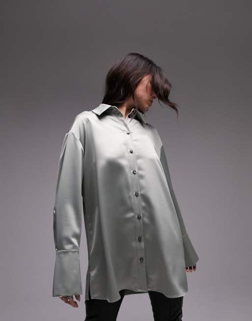 Topshop long sleeve satin shirt in light khaki