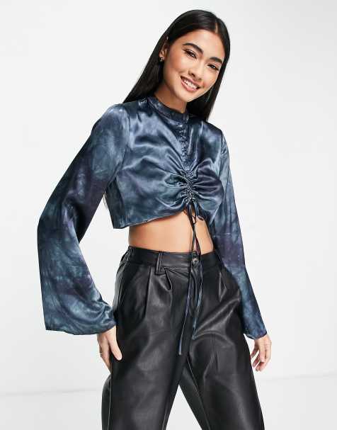 Topshop long sleeve satin tie dye ruched front cropped blouse in blue - view 1