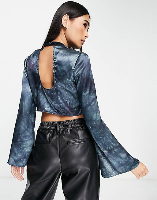  Shirts & Blouses/Topshop long sleeve satin tie dye ruched front cropped blouse in blue 