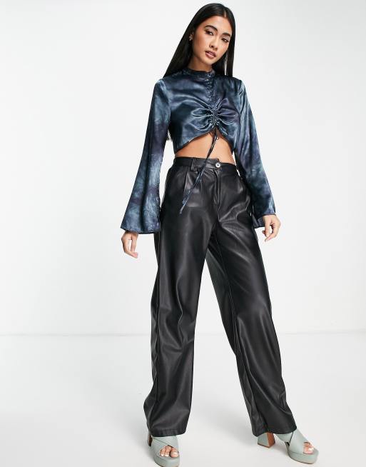 Topshop long sleeve satin tie dye ruched front cropped blouse in blue , 4 of 4
