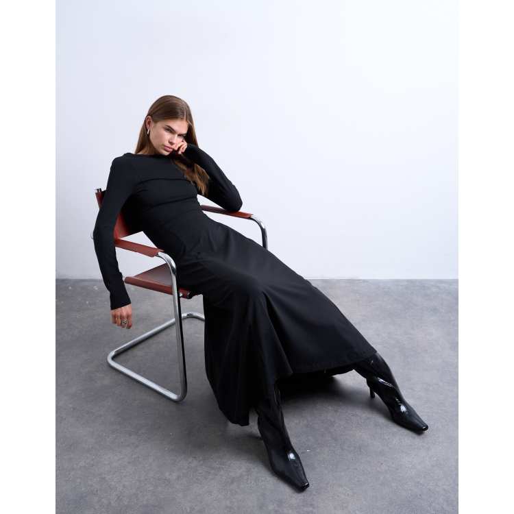 Topshop long sleeve scoop back a-line maxi dress in black | ASOS