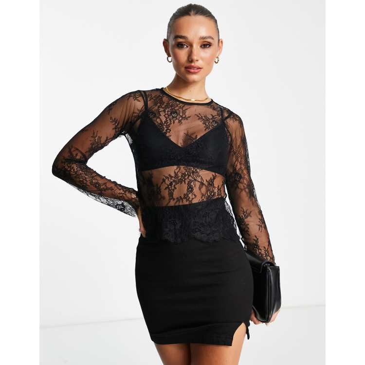 Sheer Lace Crop Top with Long Sleeves Bralet Insert in Black (£20