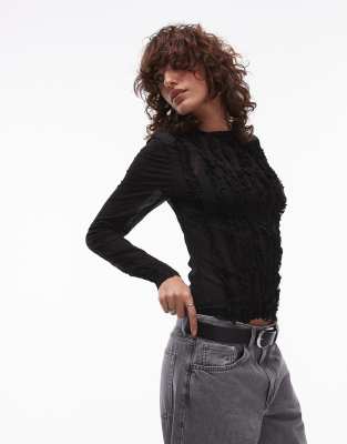 Topshop Long Sleeve Sheer Ruffle Top In Black