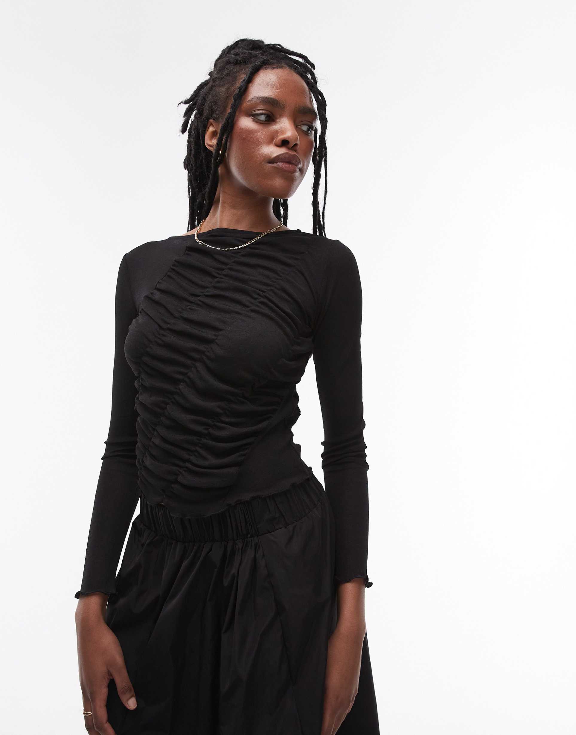 topshop long sleeve shirred top in black