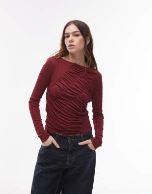 long sleeve shirred top in burgundy