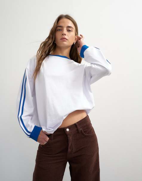 Topshop long sleeve skater stripe detail oversized t-shirt in white - view 1