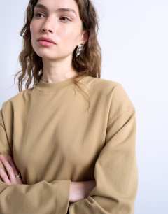 Model wearing Long sleeve skater tee in pale khaki