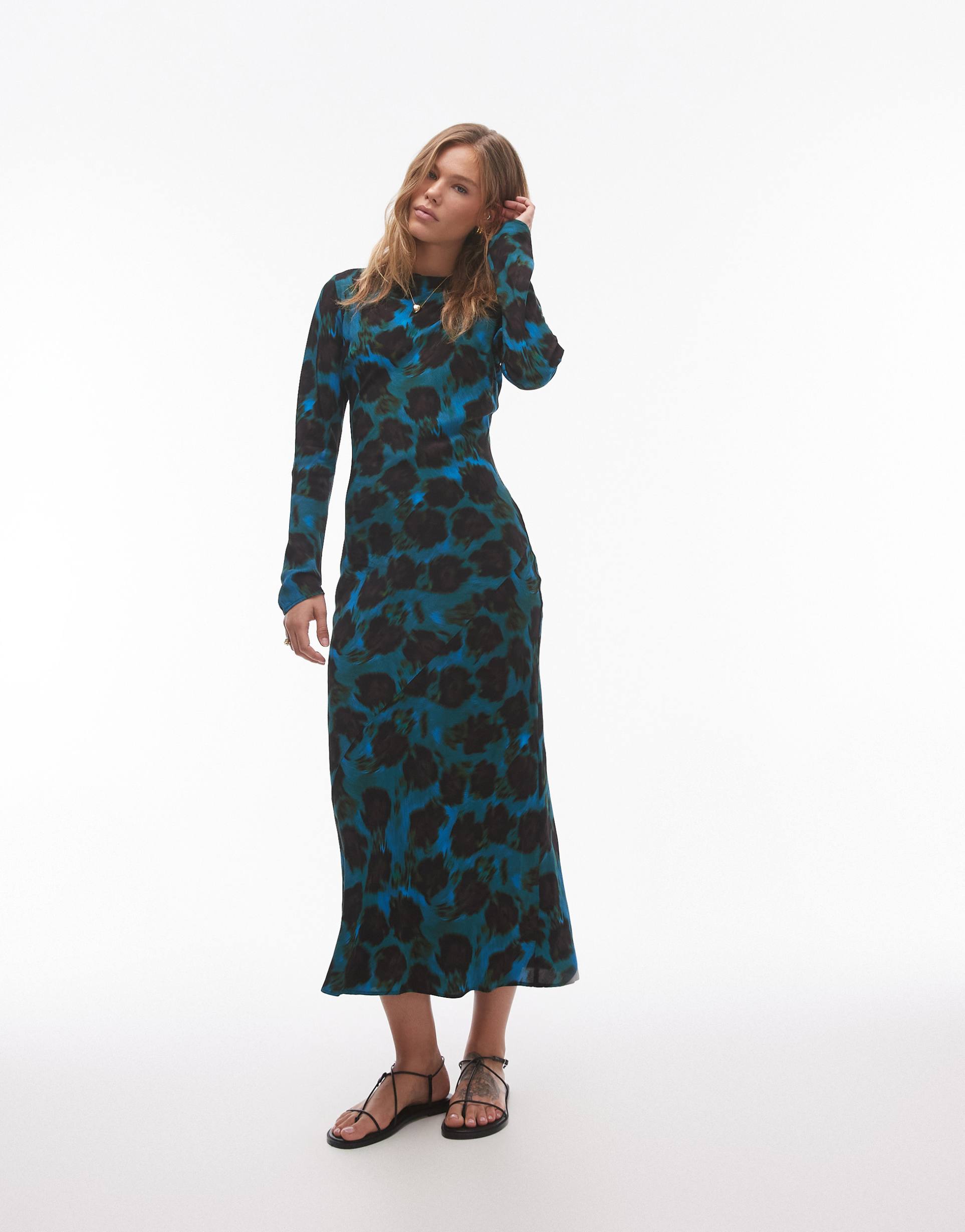 topshop long sleeve slash neck maxi dress in blurred blue print