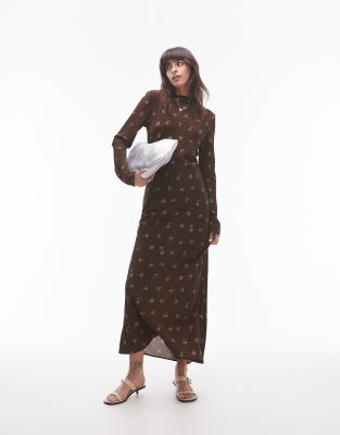 Topshop Long Sleeve Slash Neck Maxi Dress In Brown Ditsy Print-multi