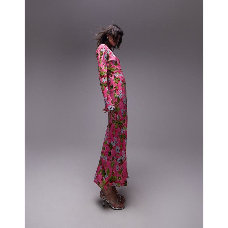Topshop long sleeve slash neck maxi dress in pink watercolor floral | ASOS