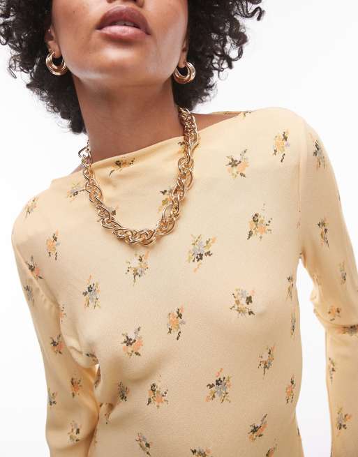 Topshop long sleeve slash neck maxi dress in yellow | ASOS