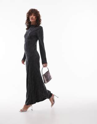 long sleeve slash neck midi dress in charcoal jacquard lyocell-Gray