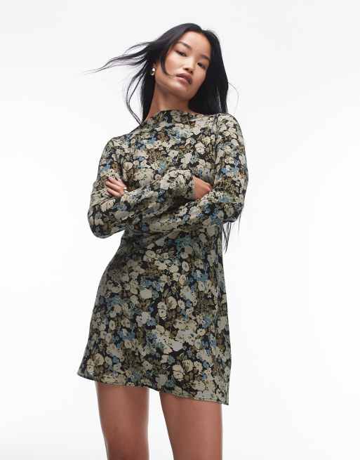 Topshop long sleeve slash neck mini dress in green blue floral ASOS