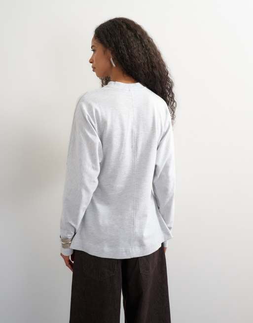 Topshop long sleeve split side cinched tee in grey marl, 2 of 4