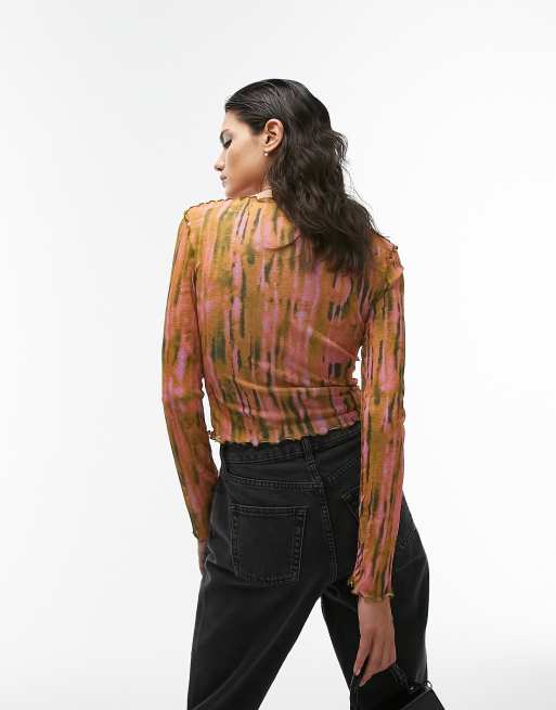 Topshop long sleeve spray print seam detail mesh top in check, 2 of 4