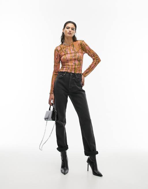 Topshop long sleeve spray print seam detail mesh top in check, 4 of 4