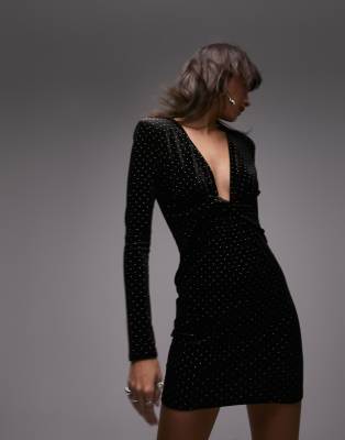 Topshop Long Sleeve Studded Velvet Mini Dress In Black