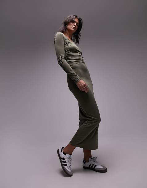 New Style Long Sleeve Shirt Dress, Military Green Pleated Midi