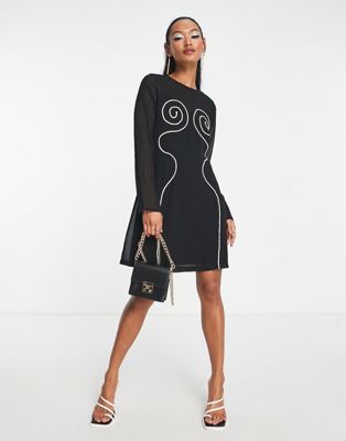 Topshop long sleeve swirl contrast stitch detail mini dress in black - ASOS Price Checker