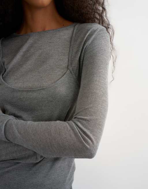 Topshop long sleeve tank double layered top in charcoal, 3 of 4