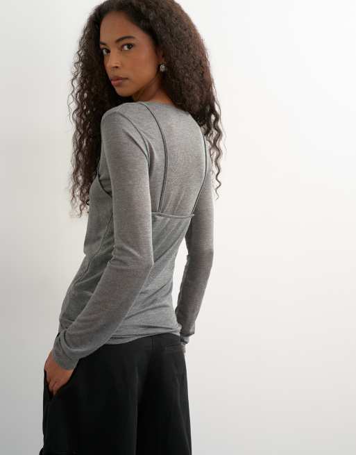 Topshop long sleeve tank double layered top in charcoal, 4 of 4