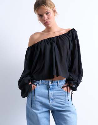 long sleeve tie detail trapeze blouse in black
